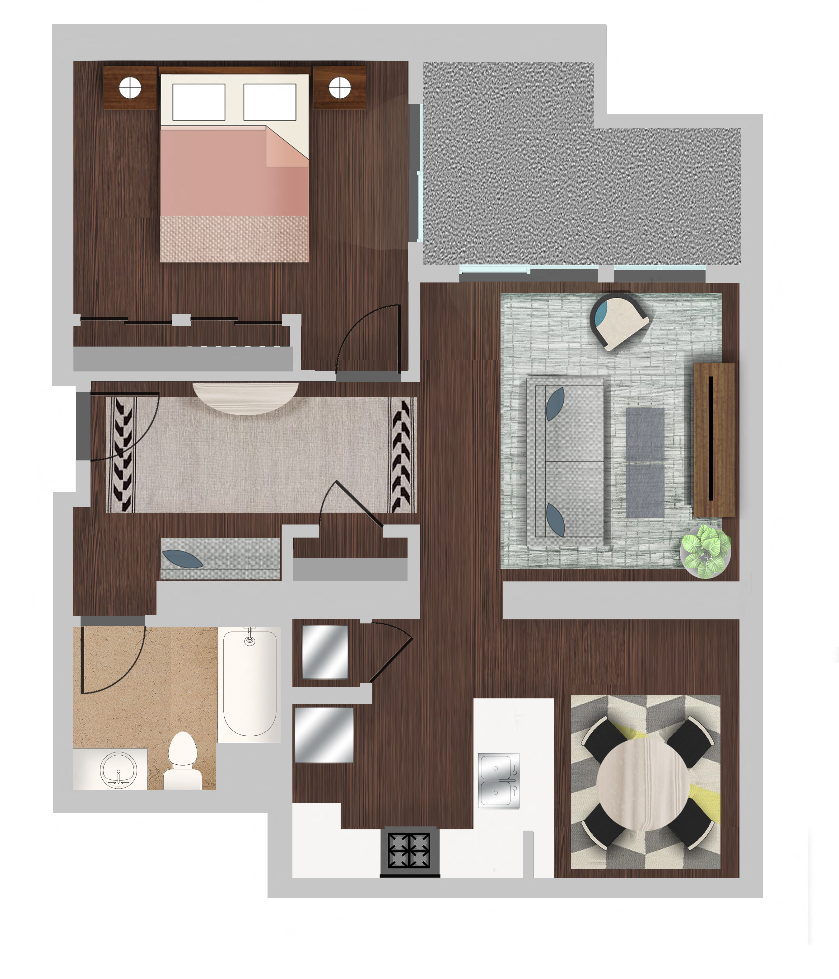 Floor plan for 1 bed, 1 bath, 915 sqft